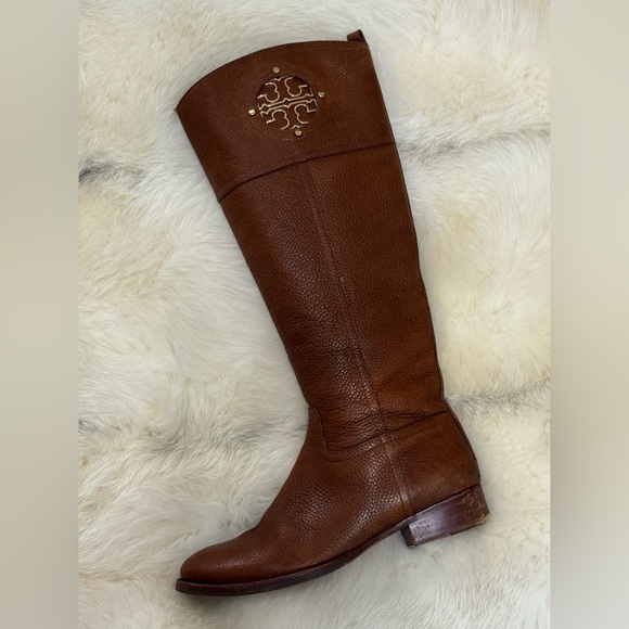 TORY BURCH Kiernan Leather Equestrian Riding Boots Light Brown Tan Logo 7.5 EUC - Picture 9 of 16